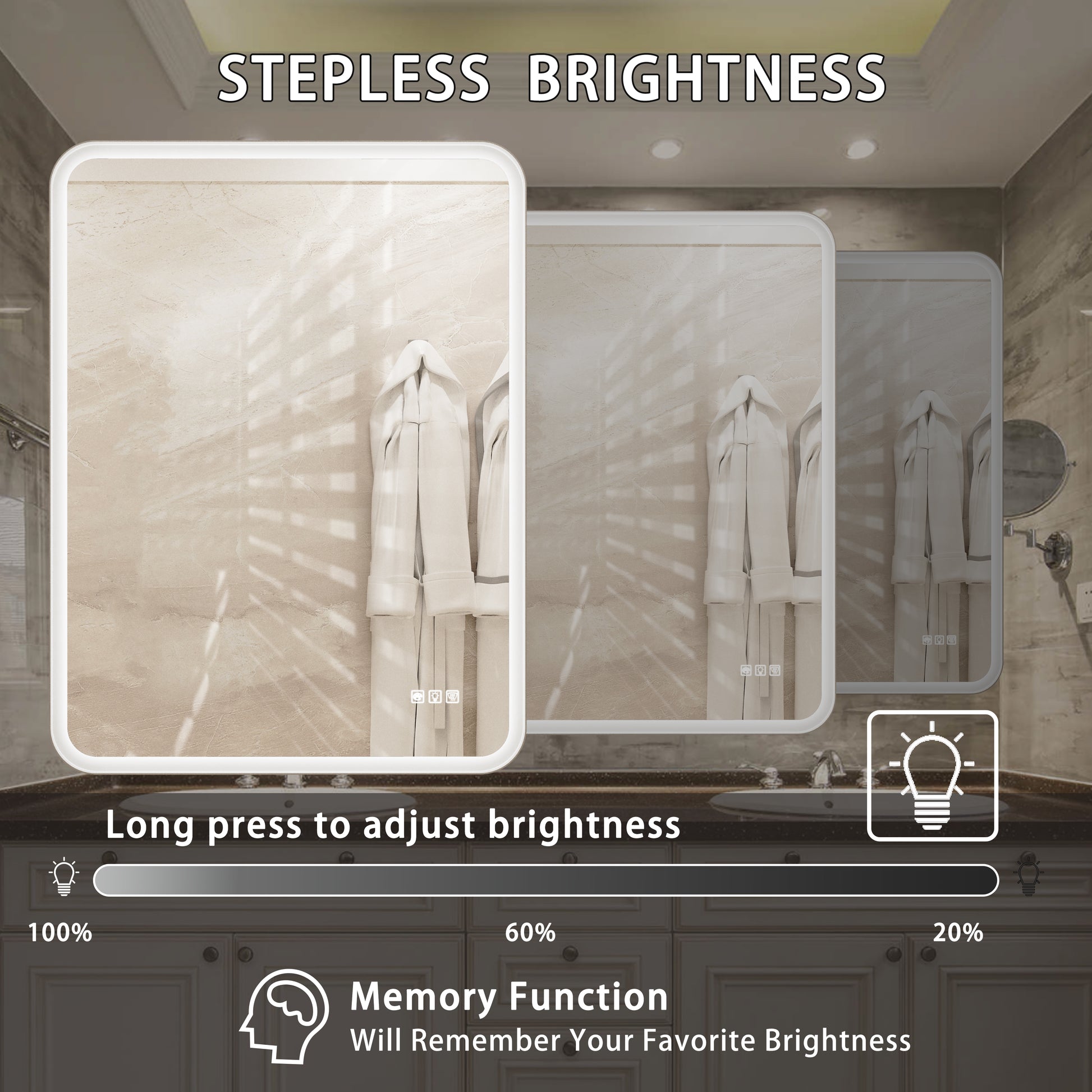 Rectangular bathroom mirror with stepless brightness adjustment feature
