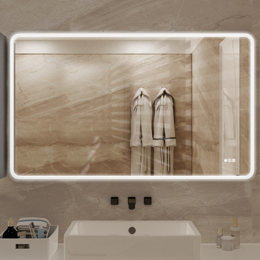 Rectangular backlit bathroom mirror with two plush robes hanging behind it