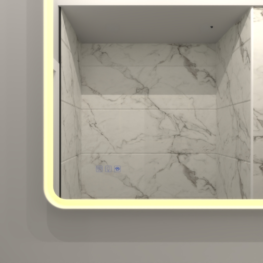 Modern LED bathroom mirror with touch controls and marble tile backing