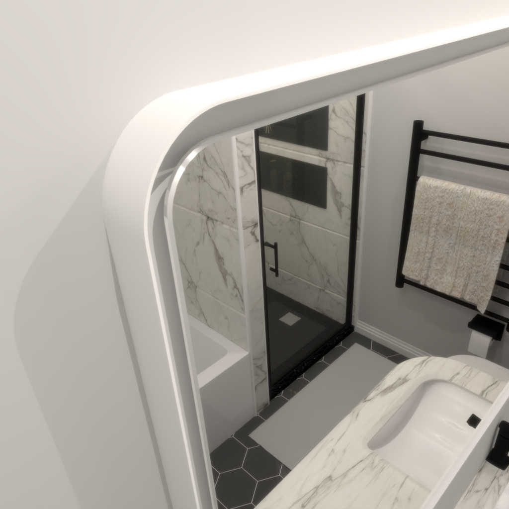Modern black frameless shower enclosure with marble tile walls