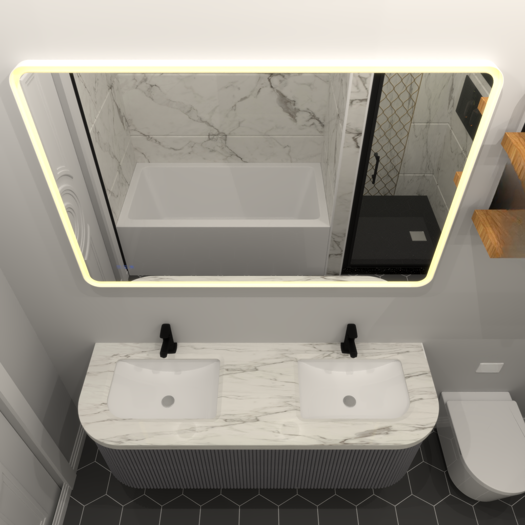 Modern bathroom vanity with double white sinks marble countertop and integrated LED mirror