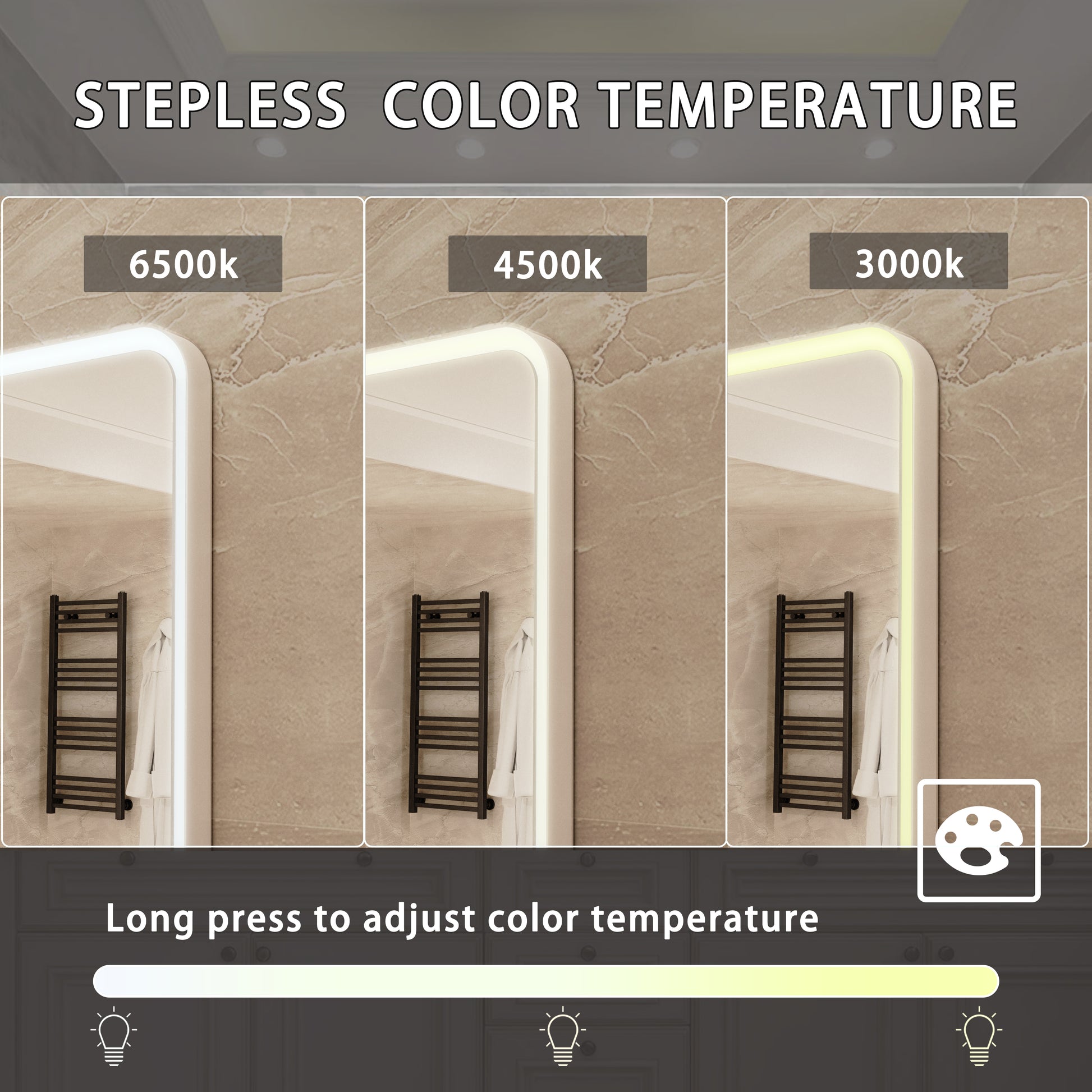 Smart mirror with stepless color temperature adjustment from k to k