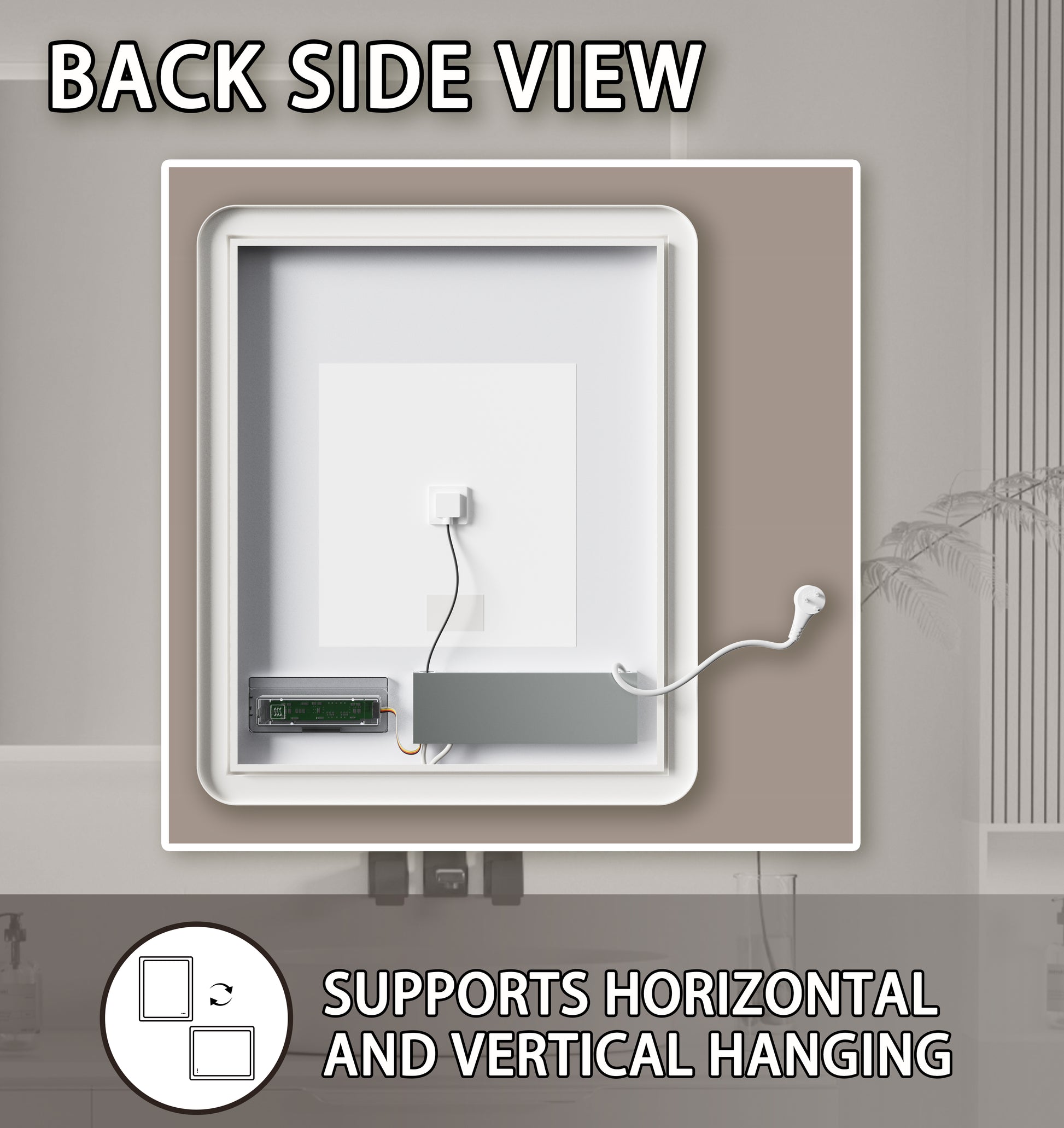 Back of a white framed smart mirror showing electronic components and power cord