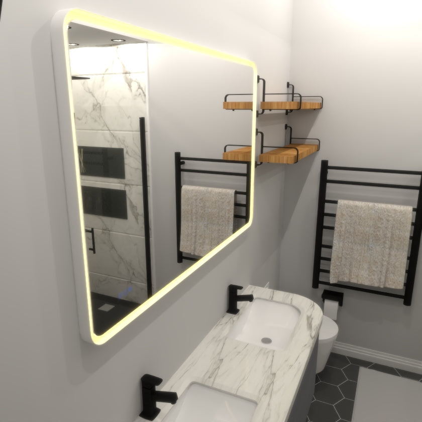 Modern bathroom vanity with dual marble sinks and black faucets