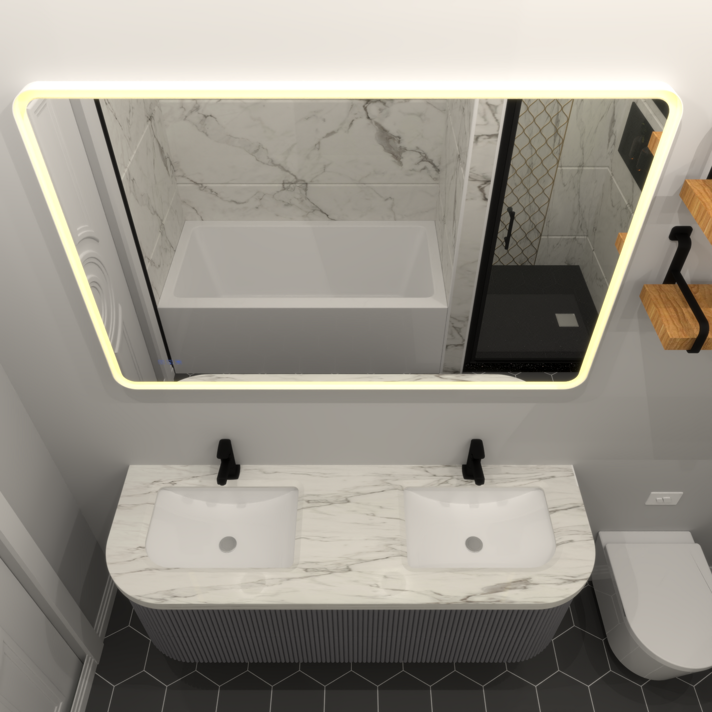 Modern double vanity with white rectangular sinks and marblelook countertop featuring black faucets