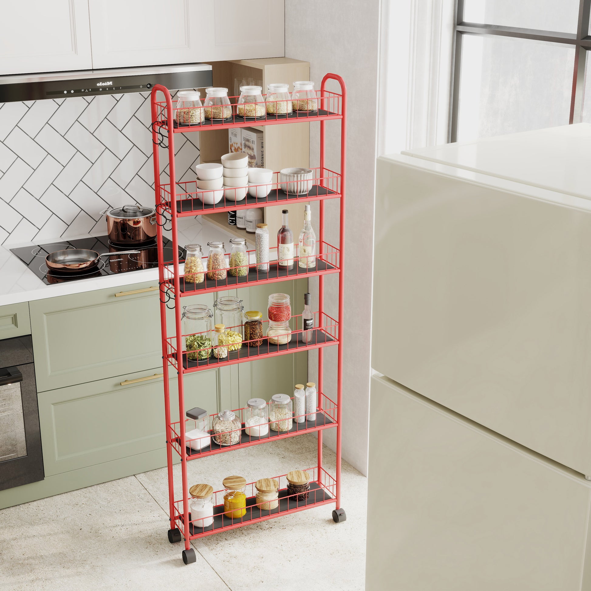 Red rolling kitchen cart with pantry items like spices and jars