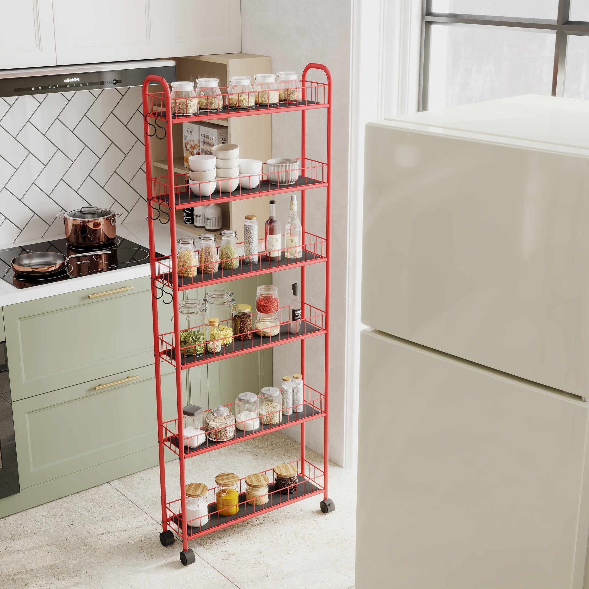 Red metal kitchen cart with six shelves displaying jars of spices and ingredients