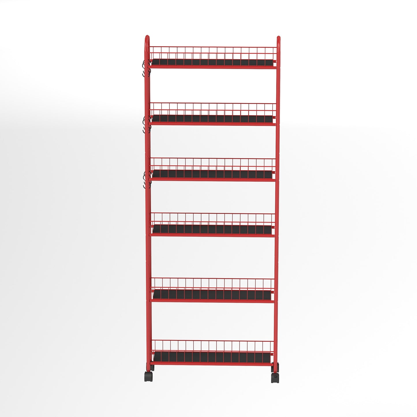 Red metal tier wire shelf rack with black shelves and wheels