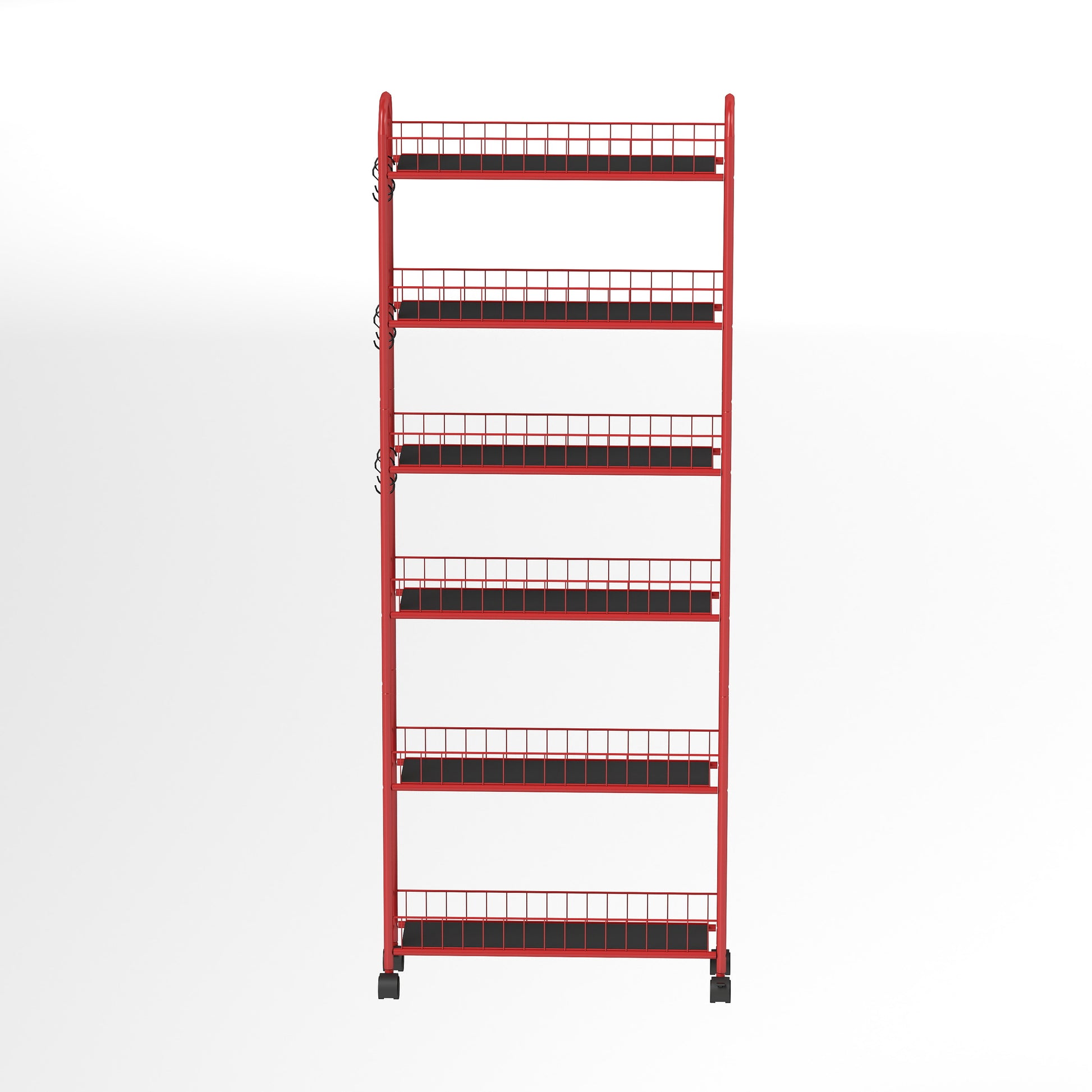 Red metal tier wire shelf rack with black shelves and wheels