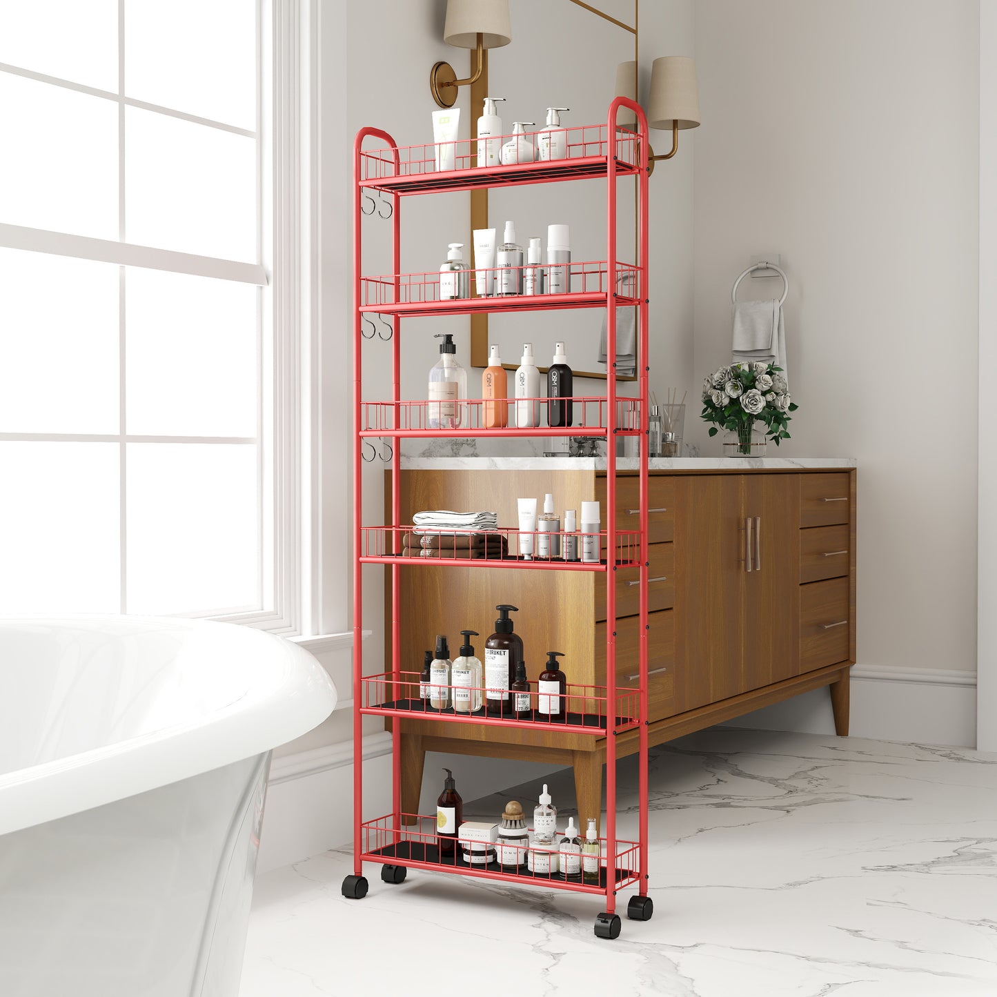 Red tier bathroom shelving unit with wheels holding toiletries