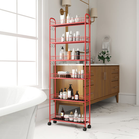 Red tier bathroom shelving unit with wheels holding toiletries
