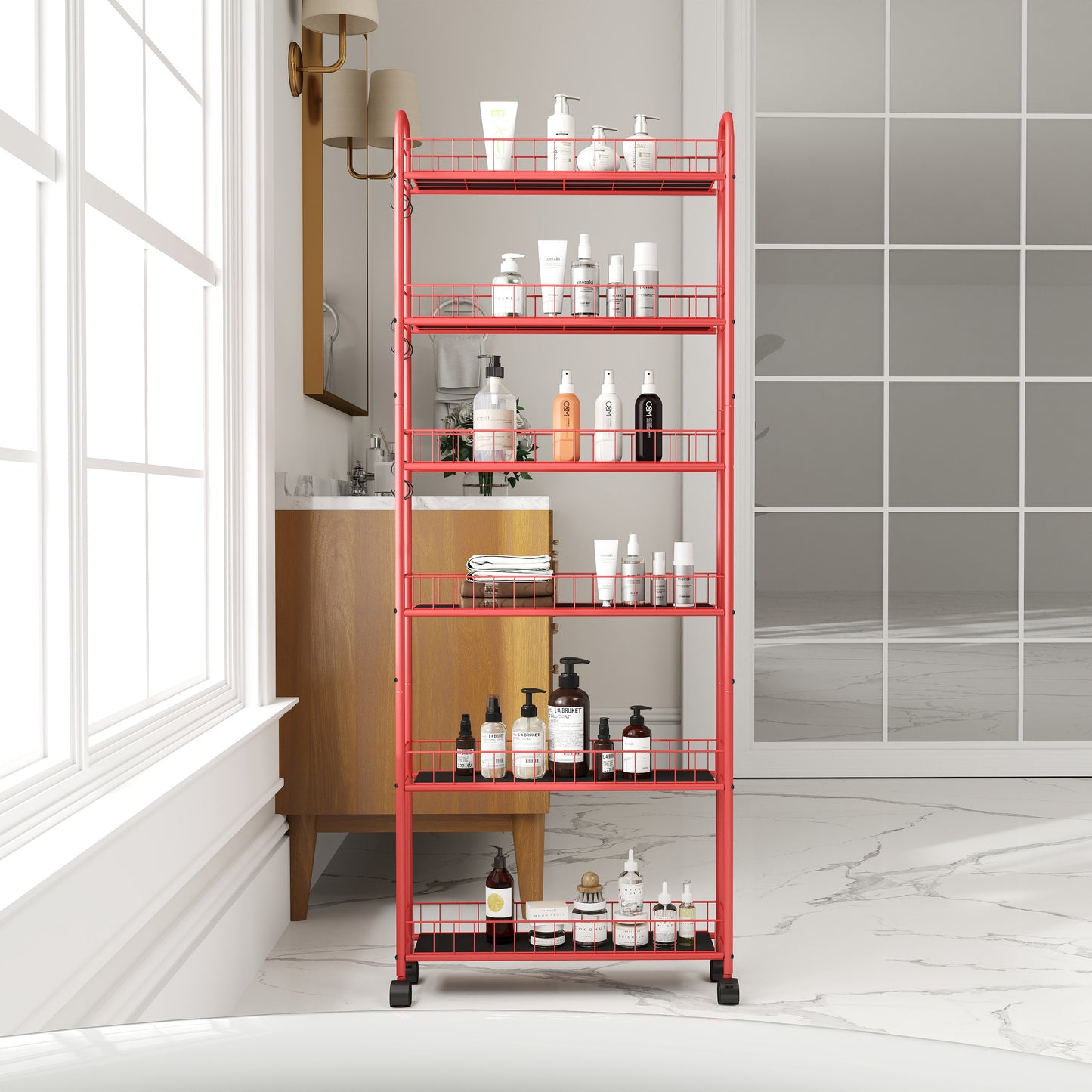 Red rolling cart filled with various skincare and bath products