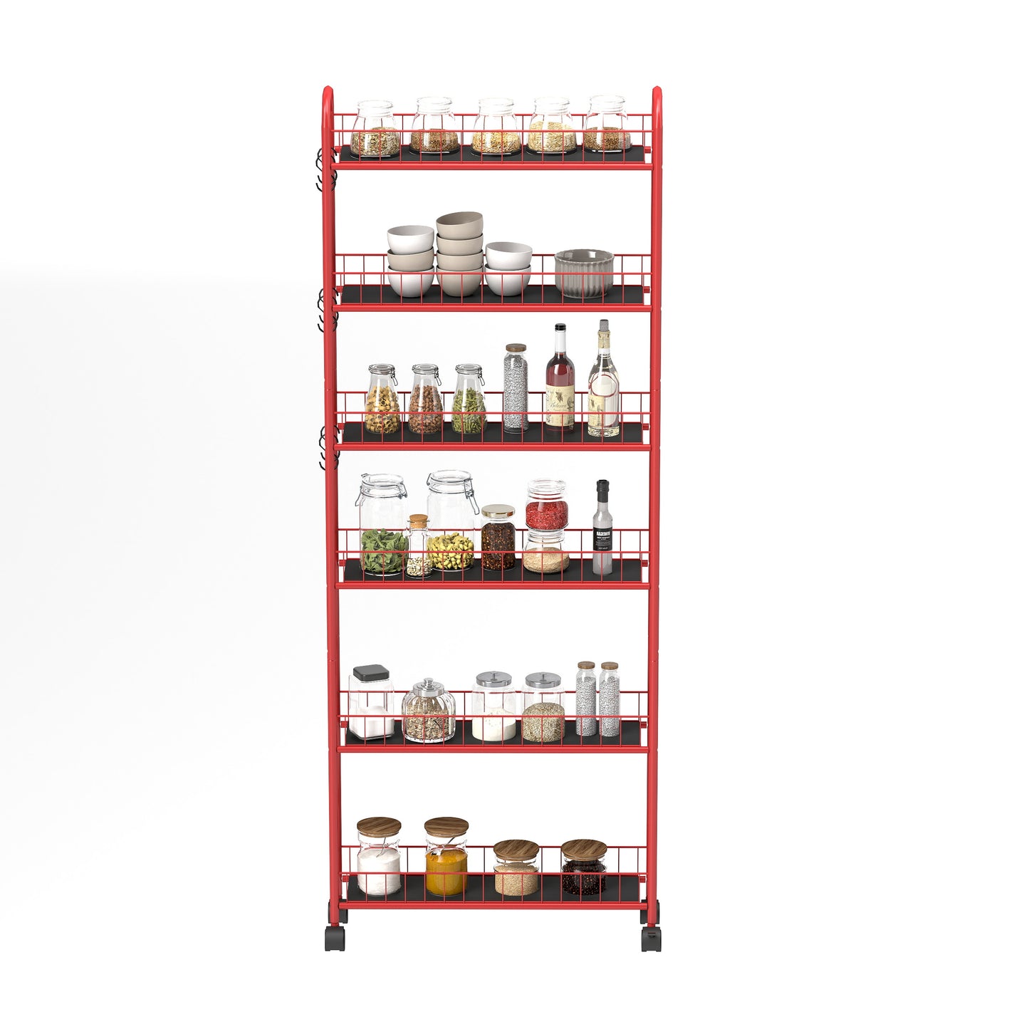 Red fivetier kitchen trolley filled with jars of spices and ingredients