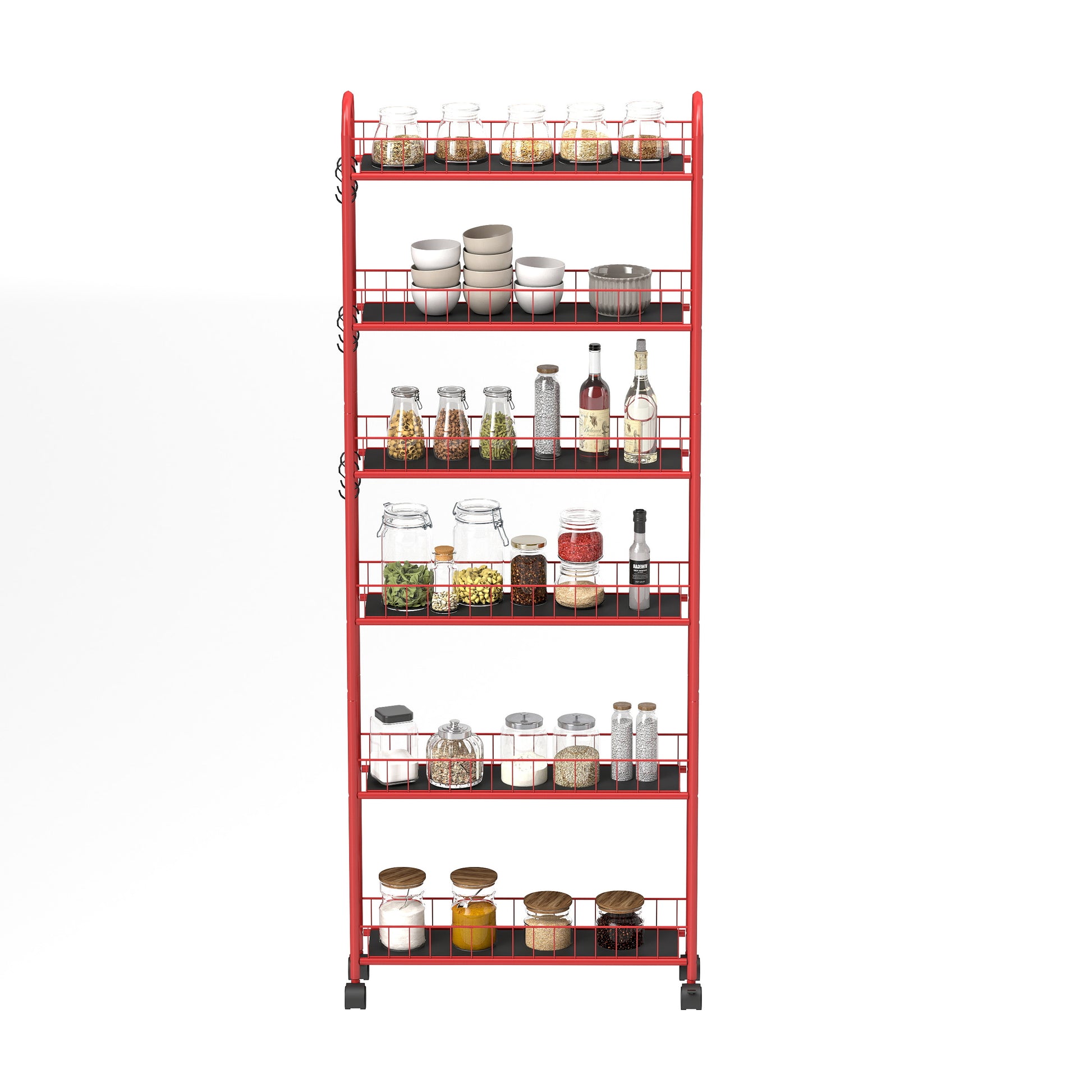 Red fivetier kitchen trolley filled with jars of spices and ingredients