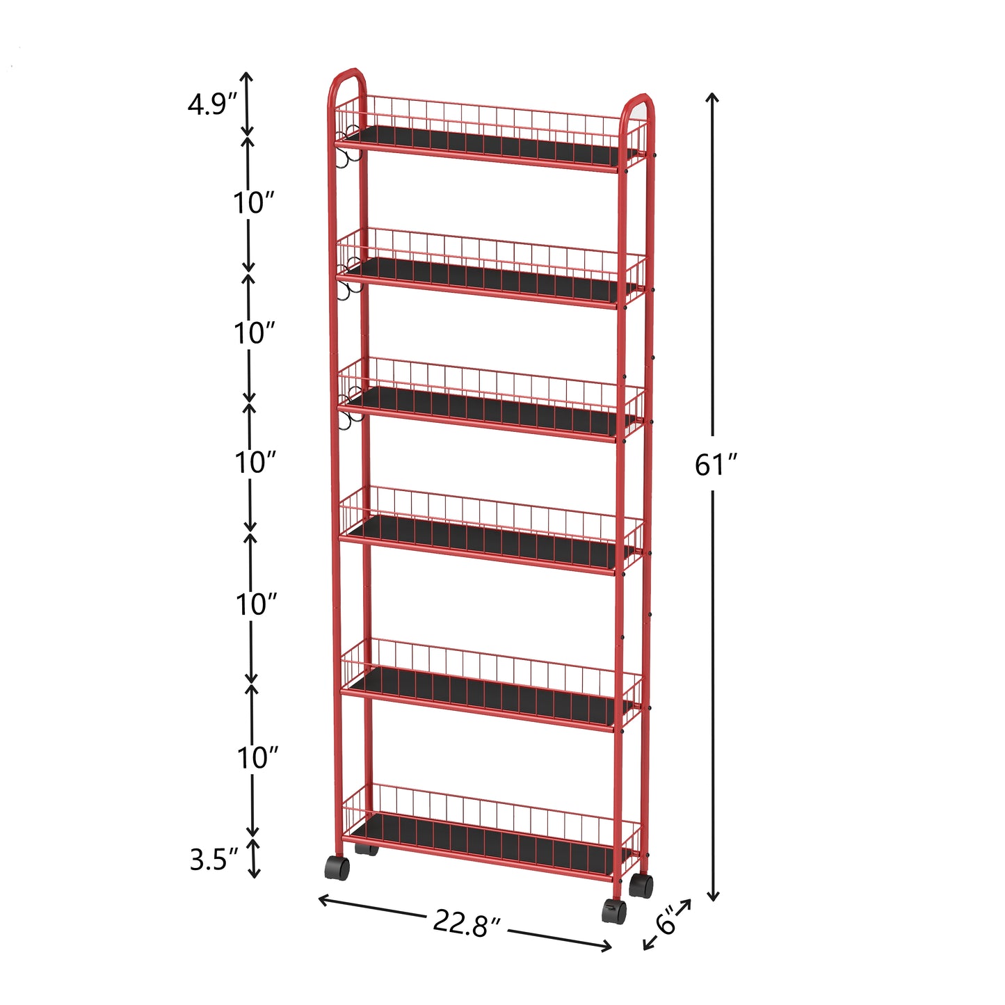 Red tier rolling cart with wire shelves