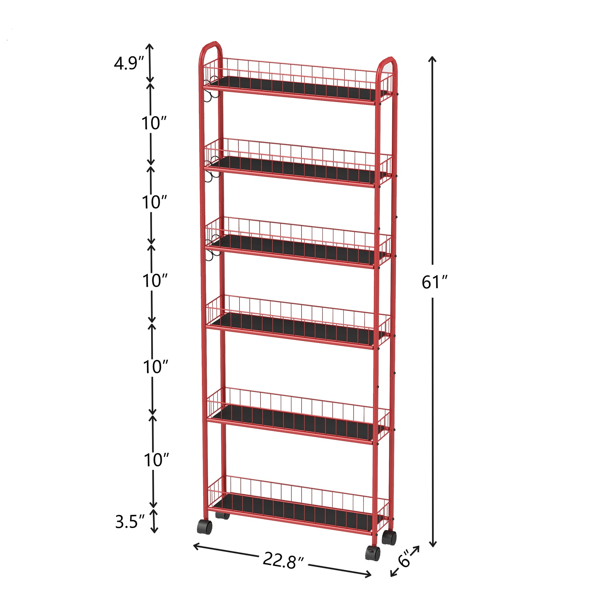 Red tier rolling cart with wire shelves