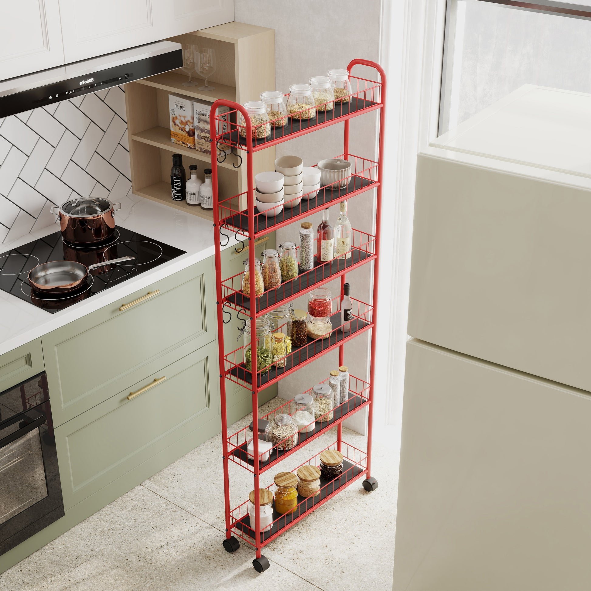 Slim tier red metal kitchen organizer cart with various jars and bowls