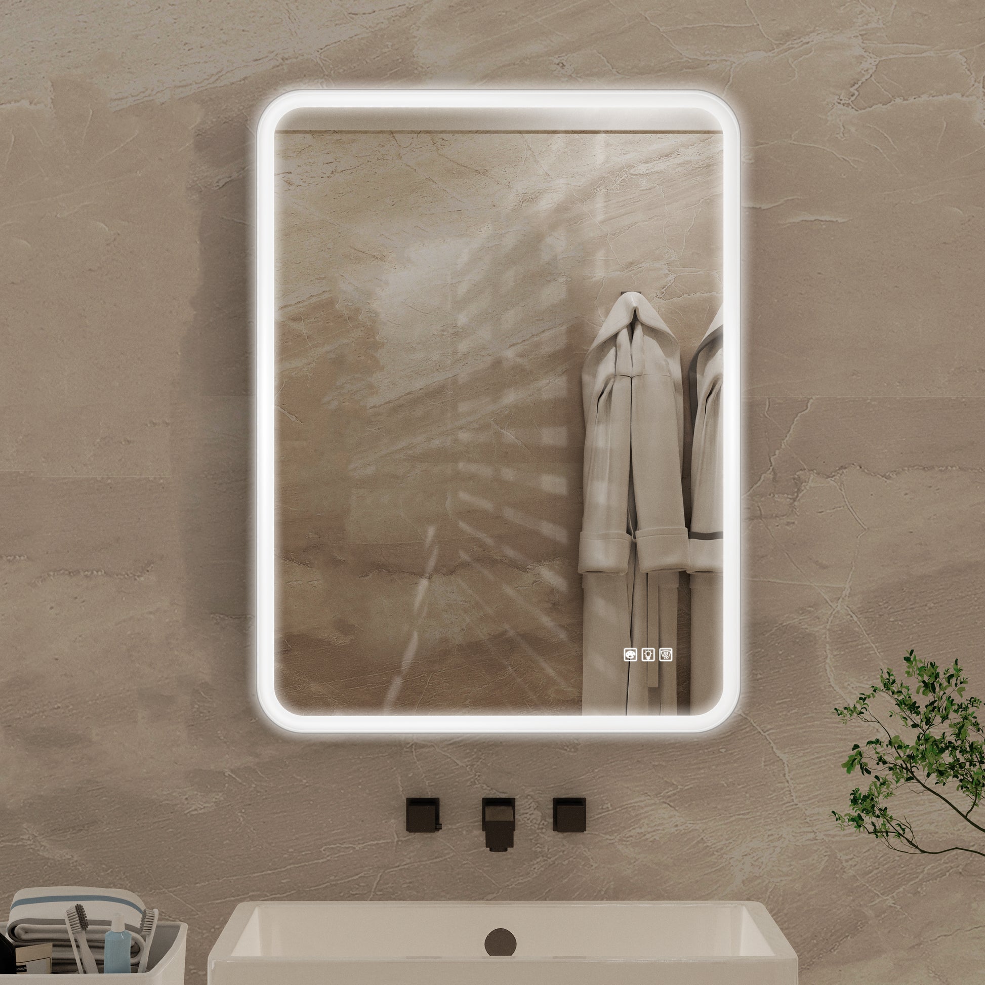 Rectangular bathroom mirror with integrated LED light and touch controls