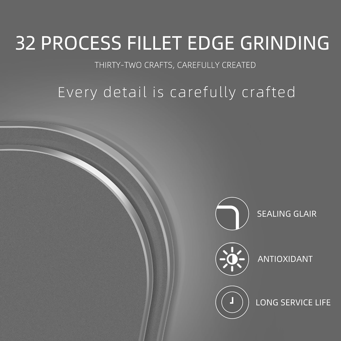 Closeup of sleek gray metal edge with  process fillet grinding for sealing