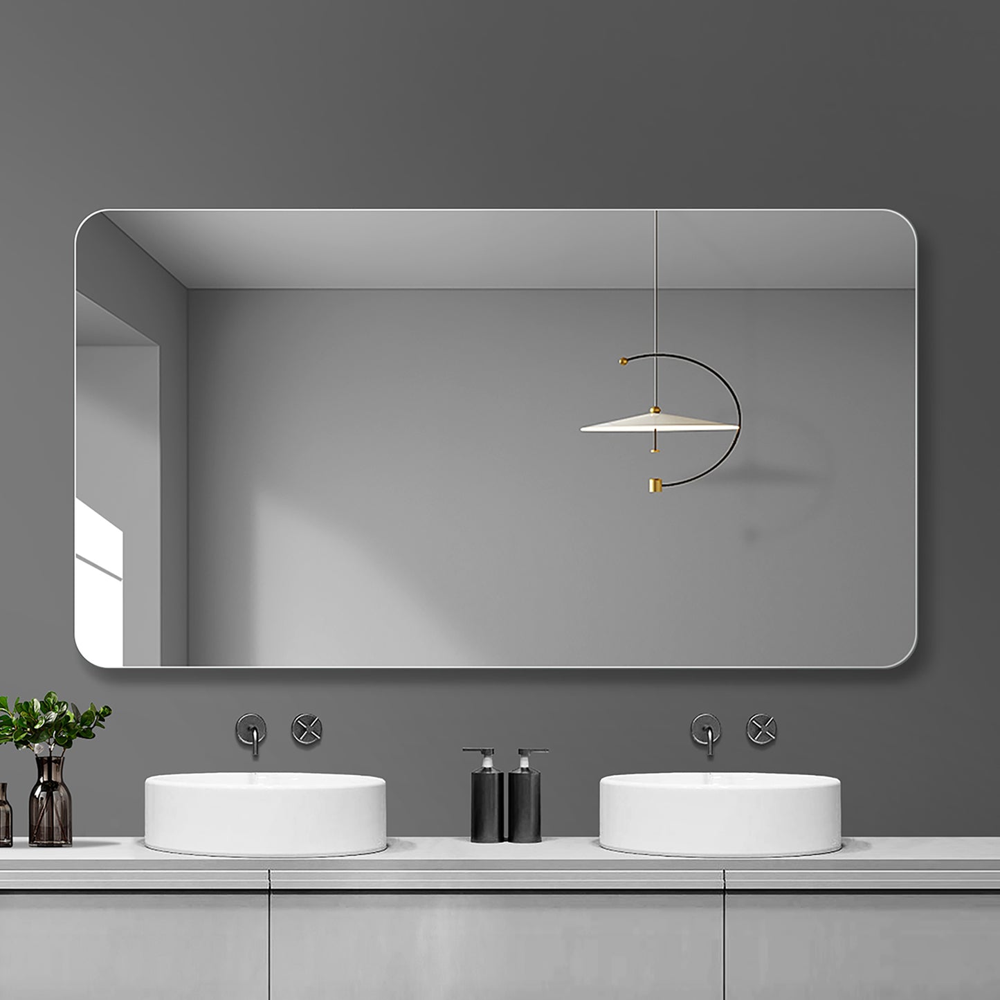 Large rounded rectangle bathroom mirror with sleek silver frame ideal for modern vanities