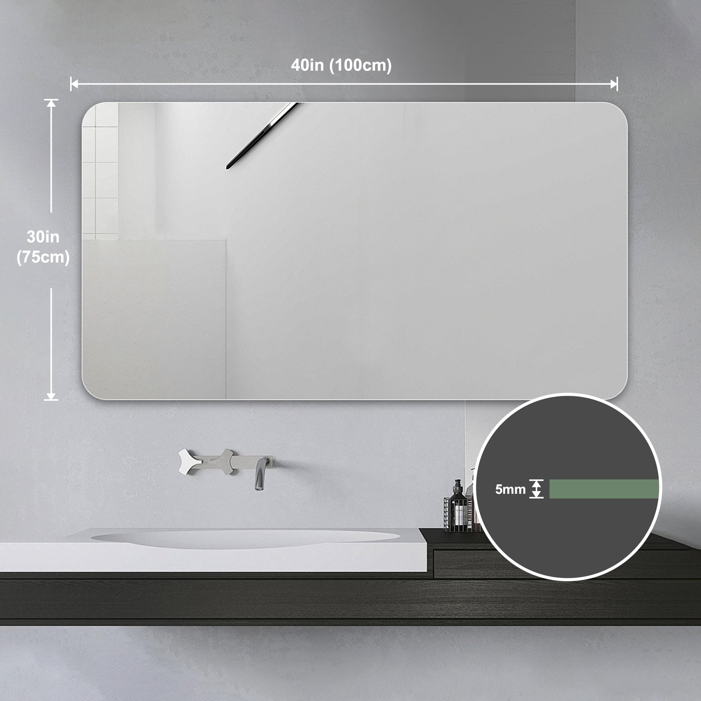 Rectangular bathroom mirror in x in with rounded corners and mm thickness
