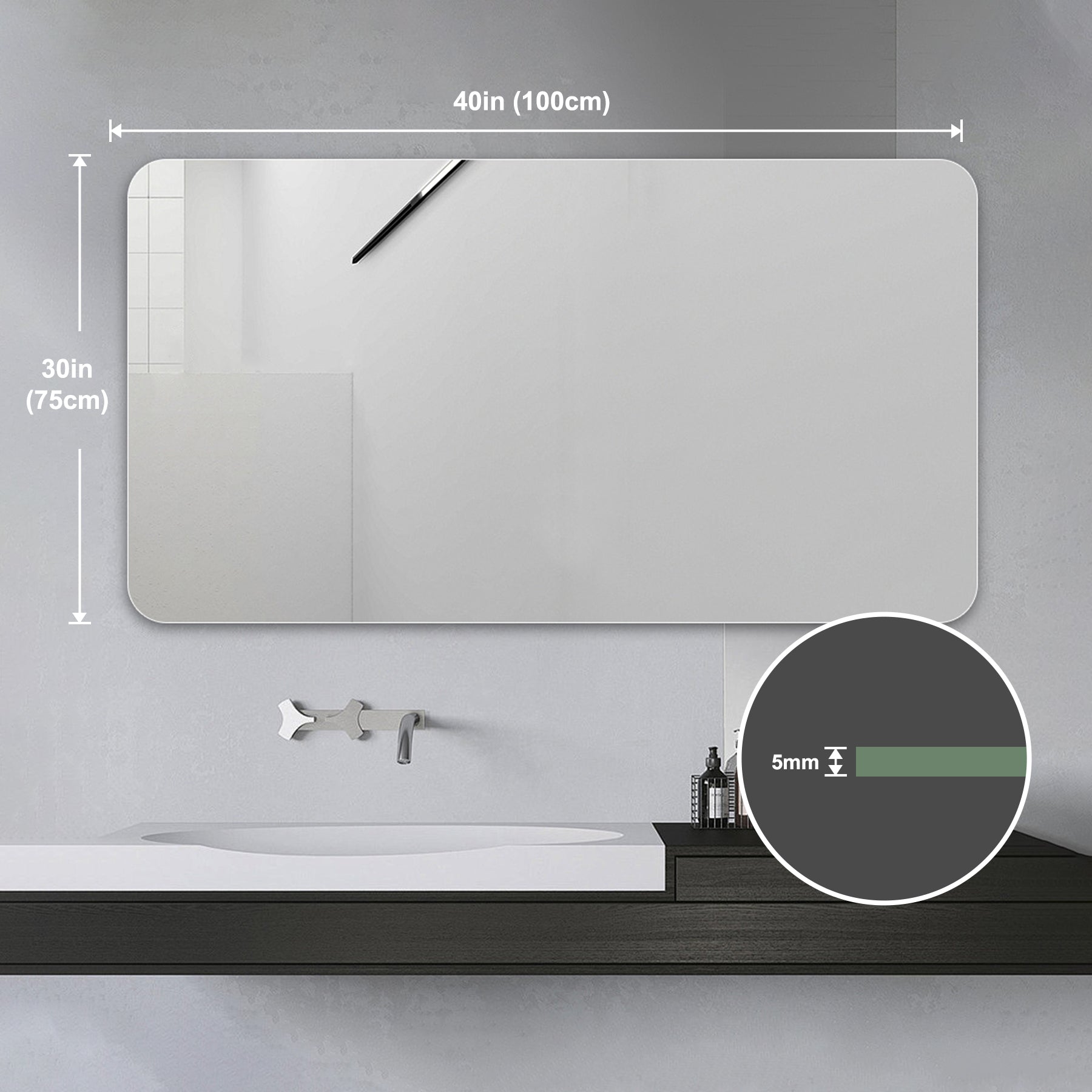 Rectangular bathroom mirror in x in with rounded corners and mm thickness
