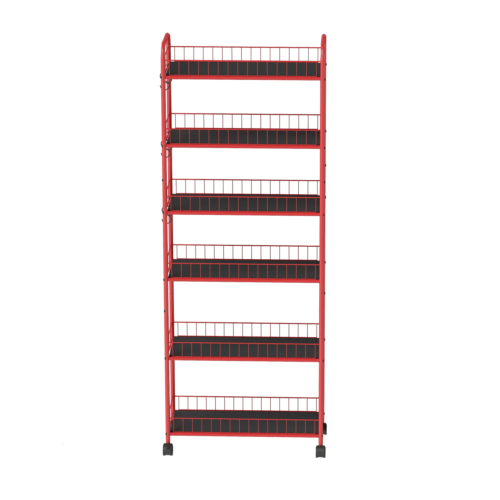 Red wire shelving unit with black shelves and wheels