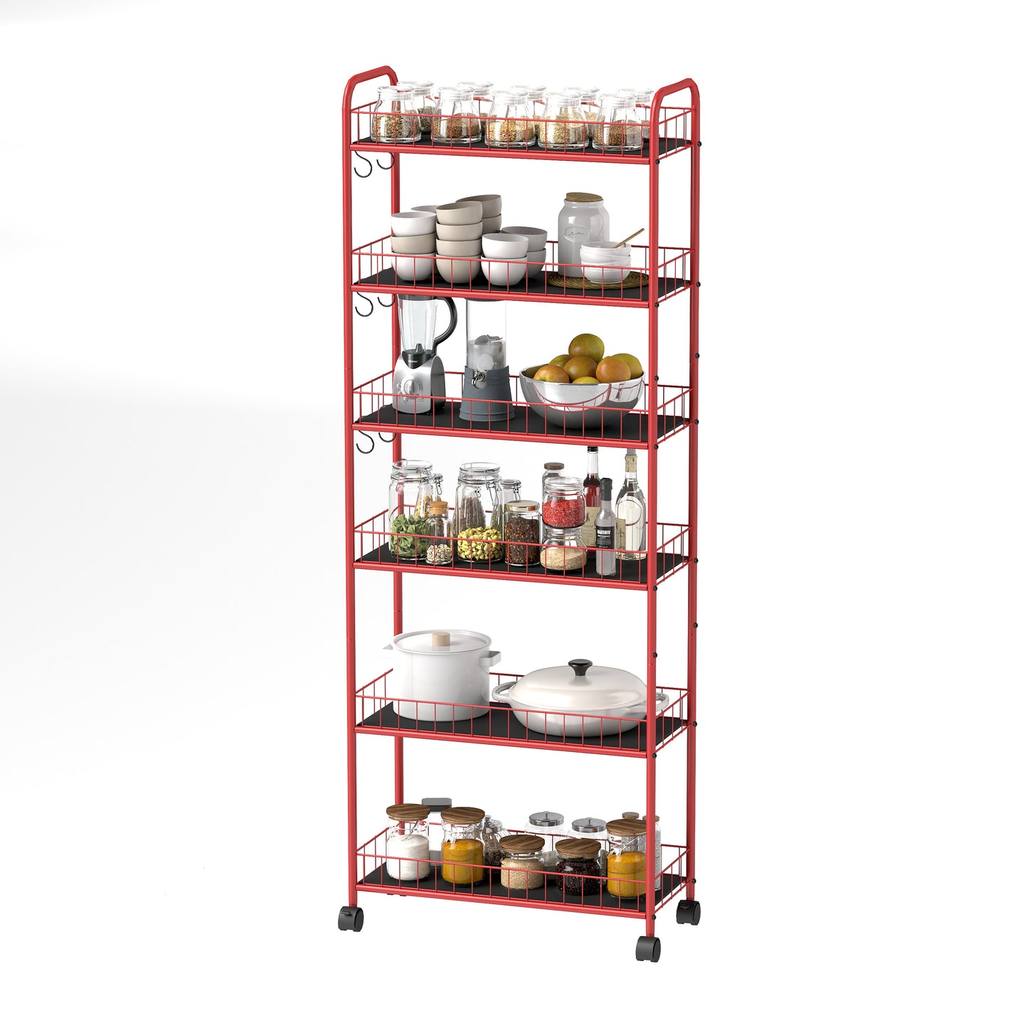 Red metal kitchen cart with  shelves holding spices bowls appliances fruit and cookware
