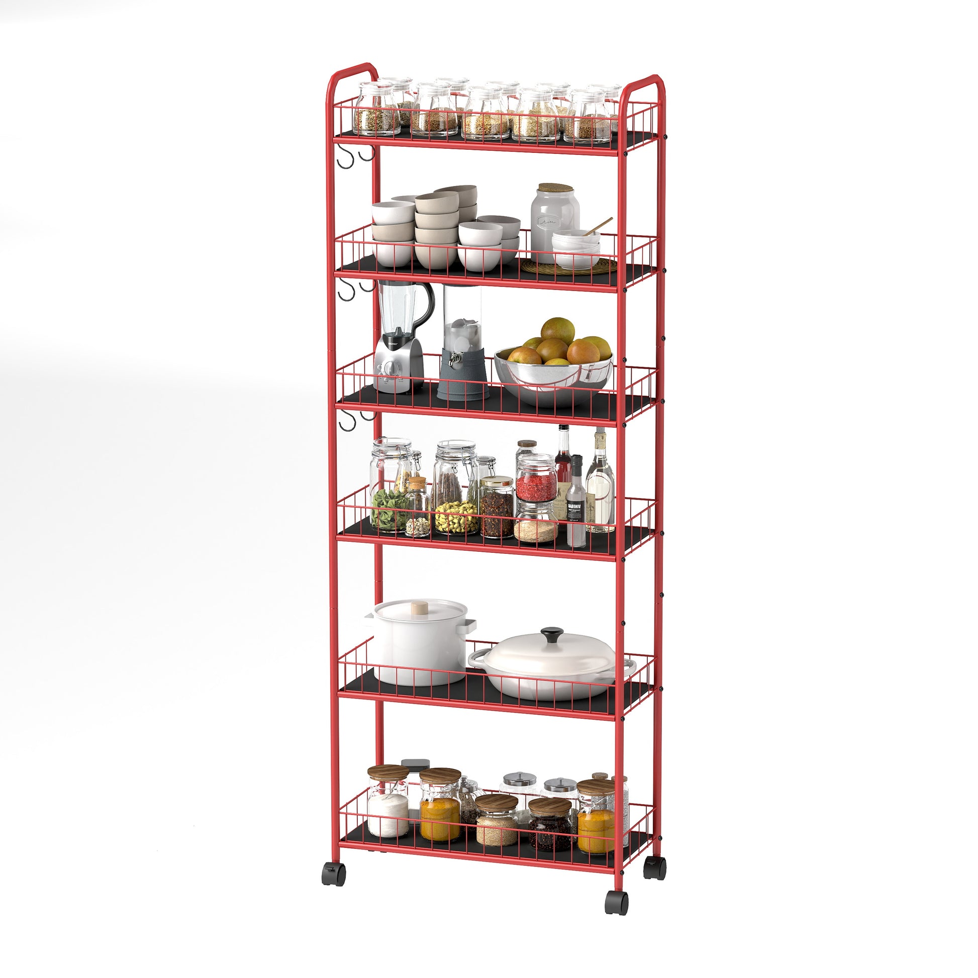 Red metal kitchen cart with  shelves holding spices bowls appliances fruit and cookware