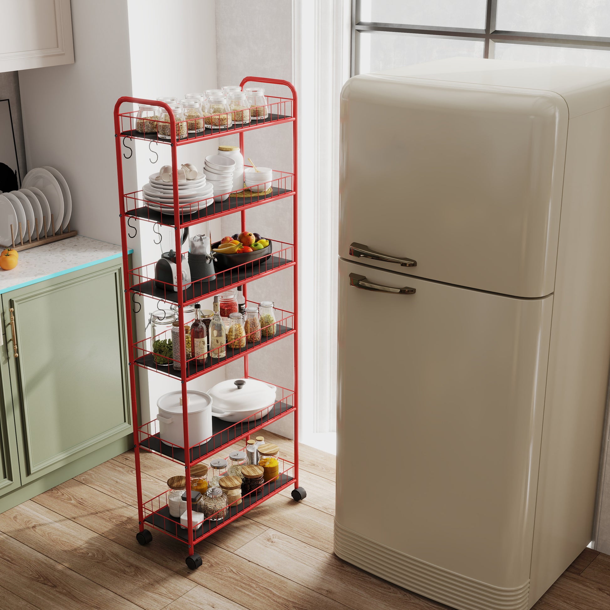 Red tier kitchen rolling cart with pantry staples