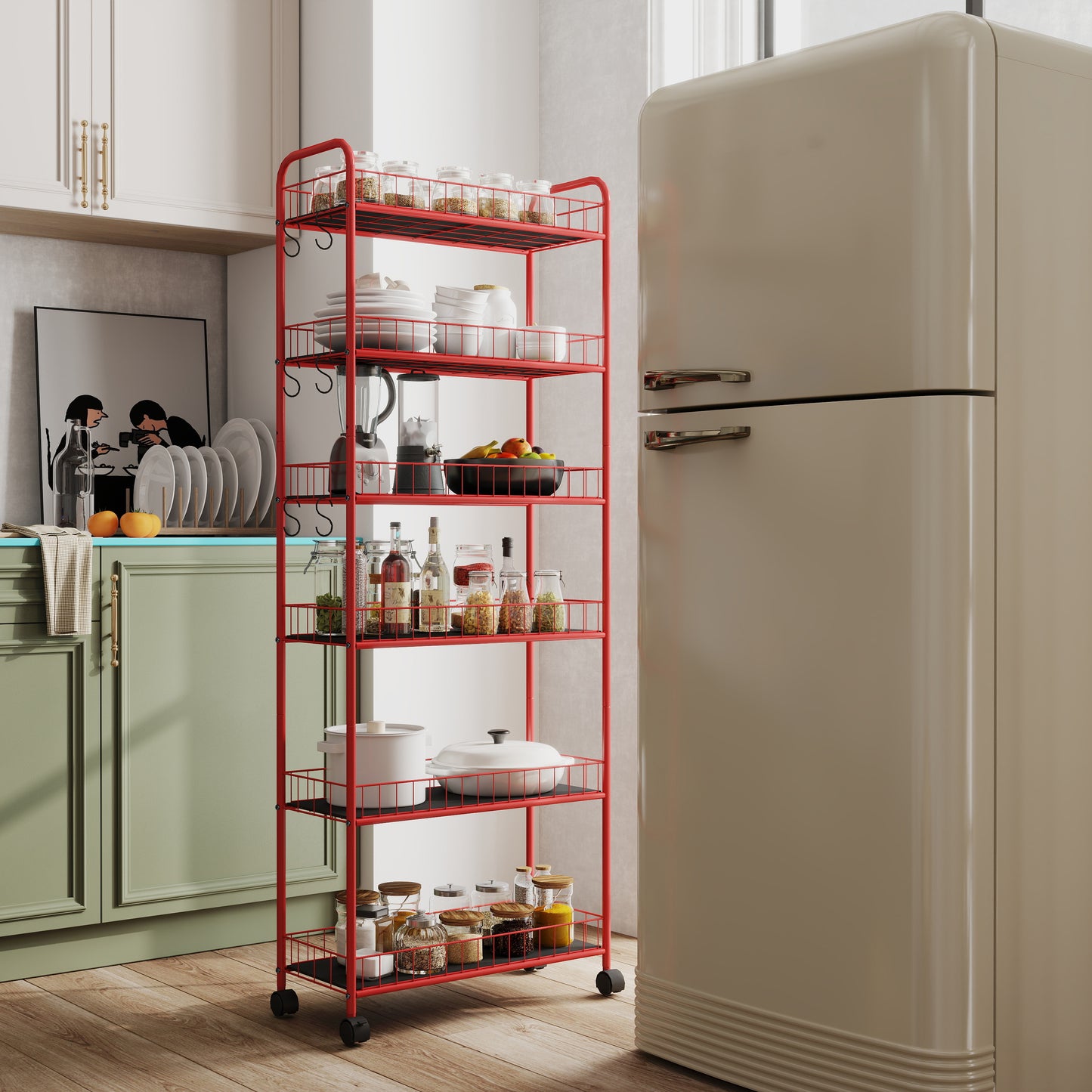 Red metal rolling kitchen cart with  shelves organizing pantry staples like spices and cookware