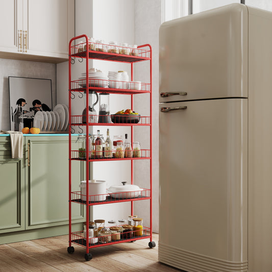 Red metal rolling kitchen cart with  shelves organizing pantry staples like spices and cookware