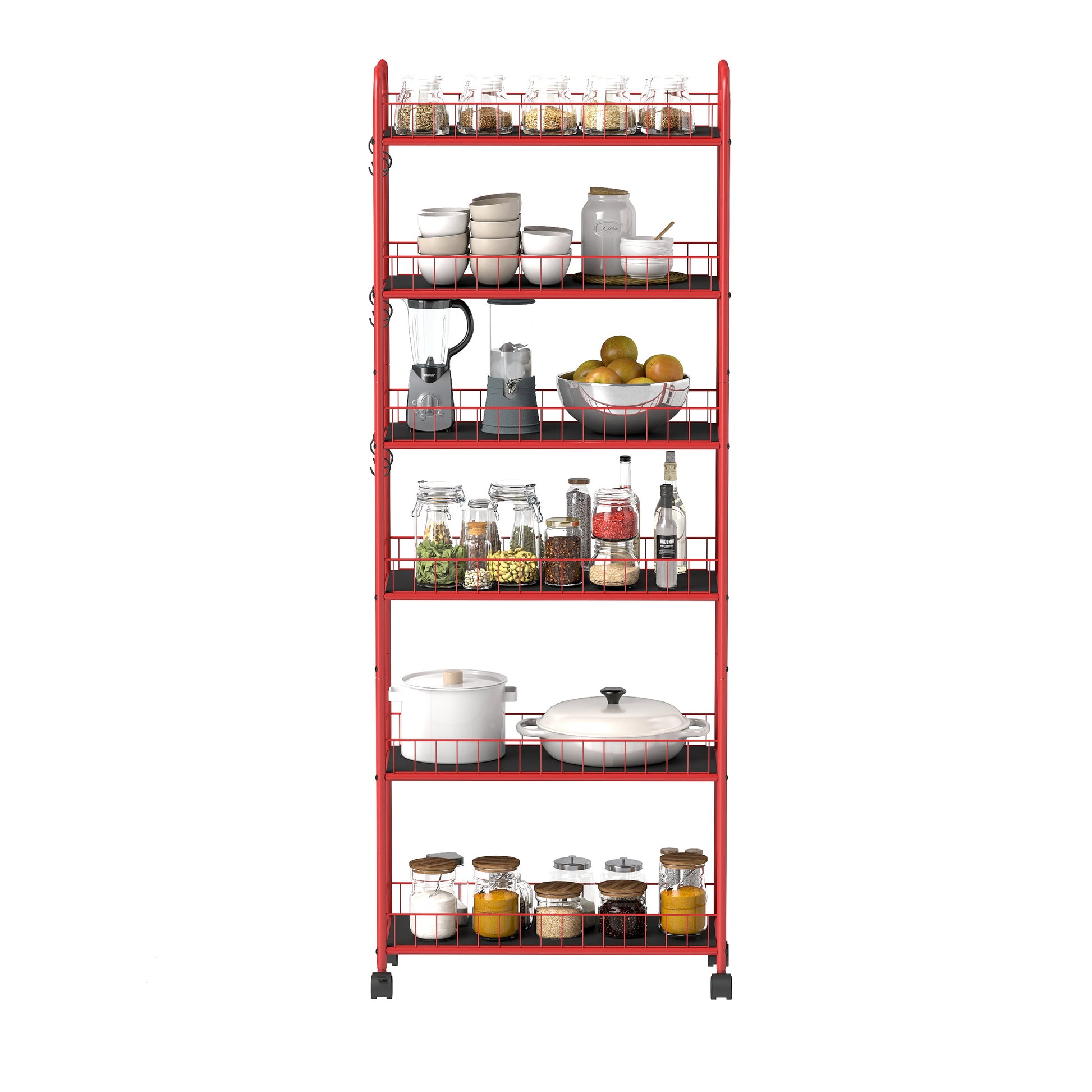 Red metal kitchen cart with spices in glass jars on top shelf