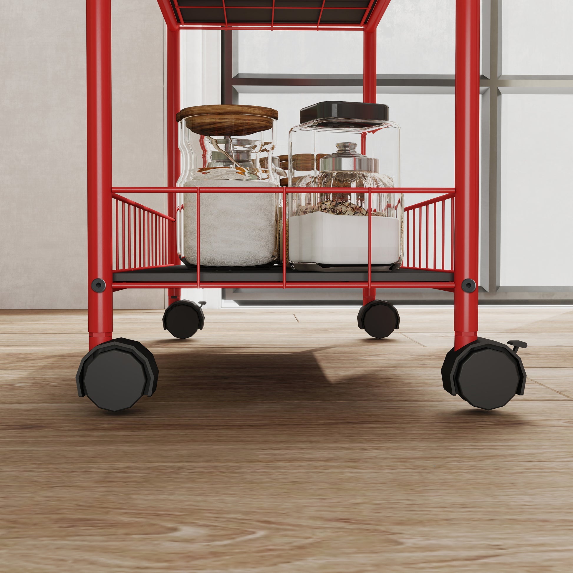Red metal rolling cart with two glass canisters filled with ingredients