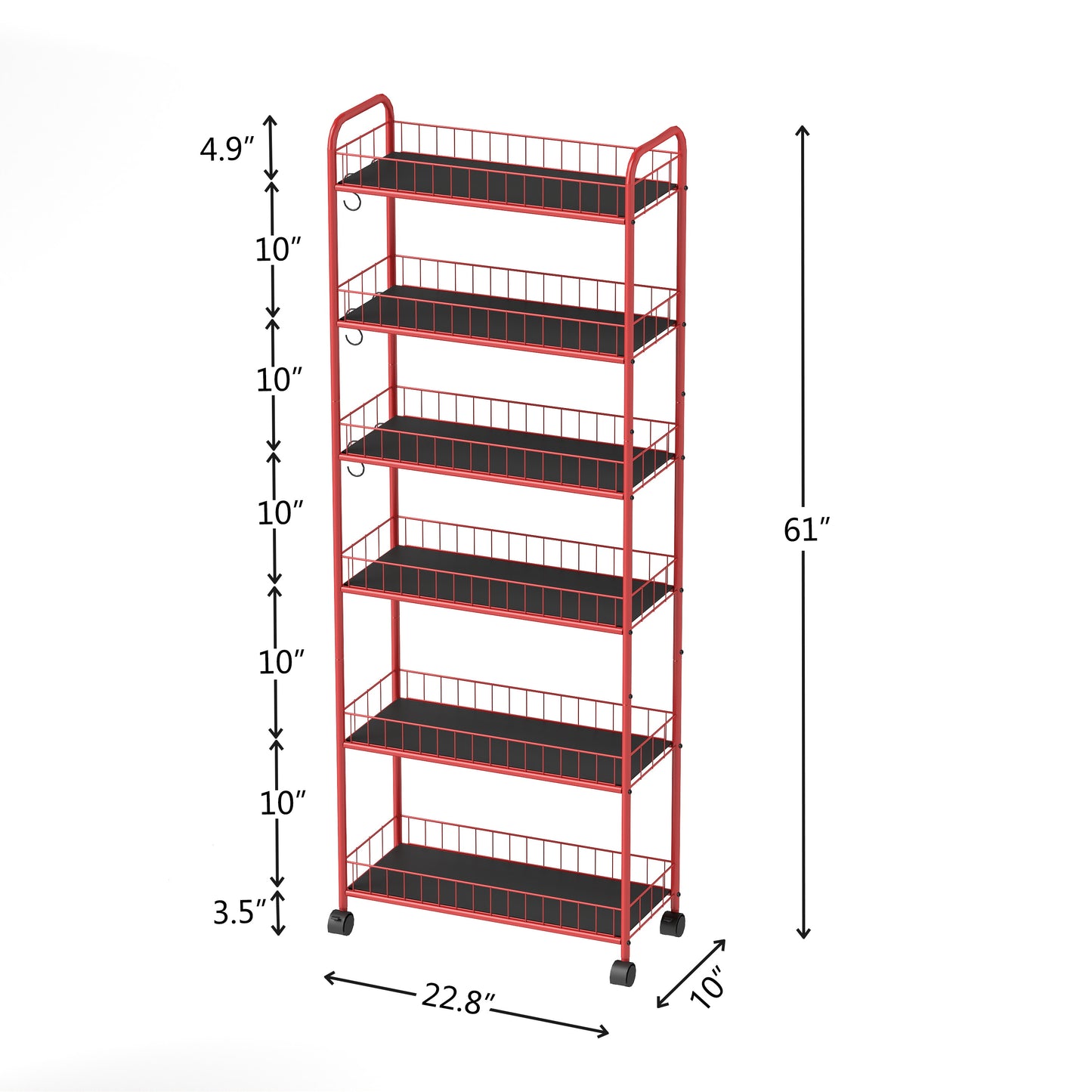 Red tier rolling cart with black shelves and wheels
