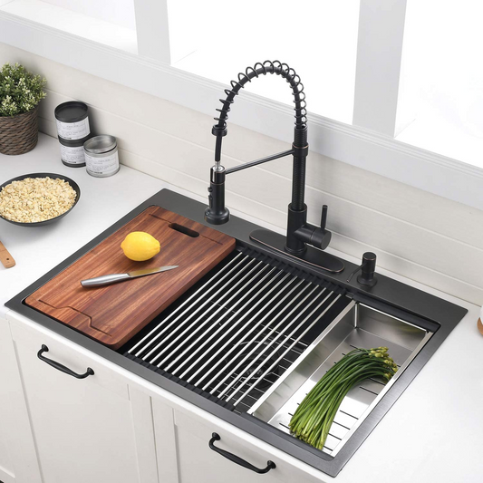 Black coil pulldown kitchen faucet with a single handle and soap dispenser