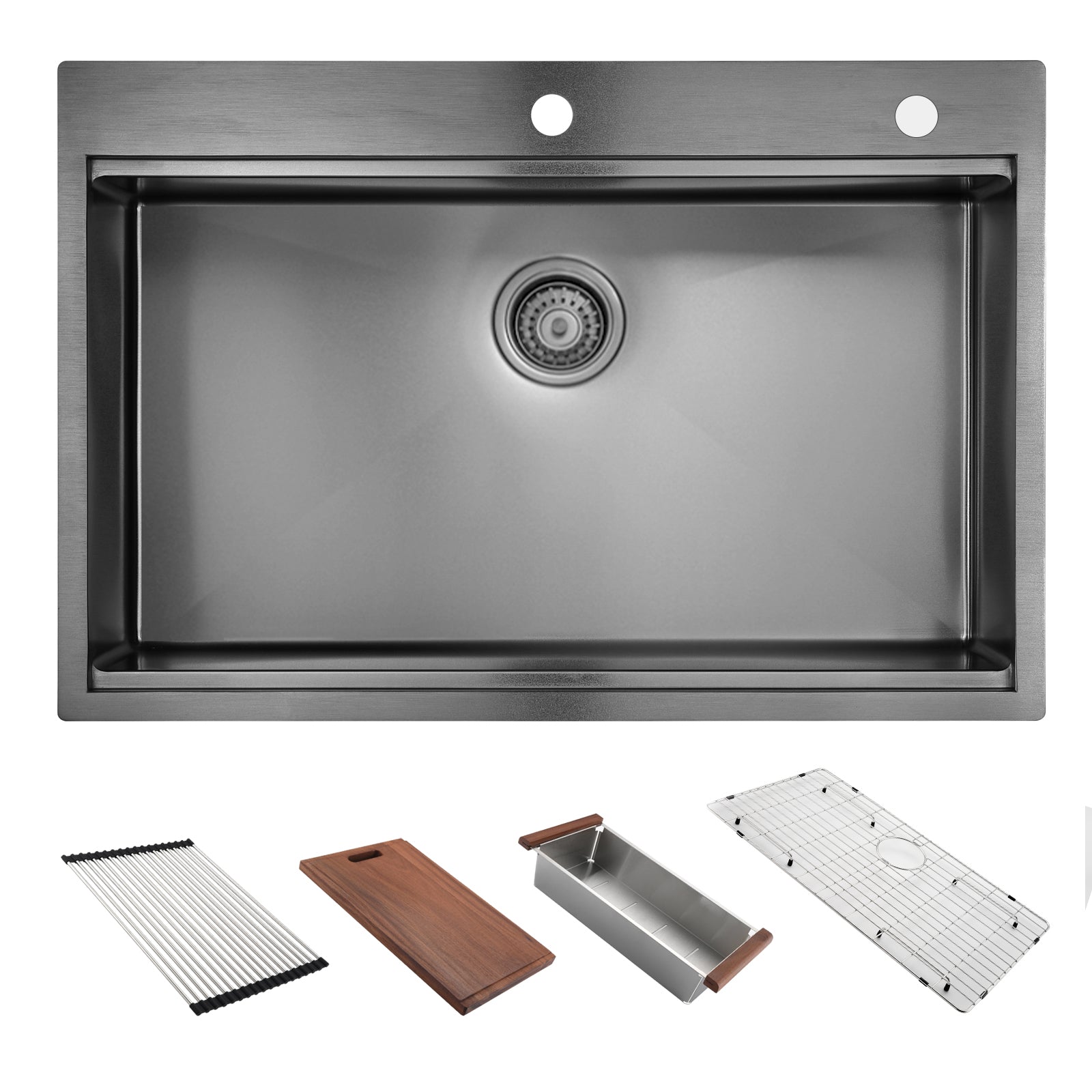 Brushed nickel stainless steel undermount kitchen sink with accessories