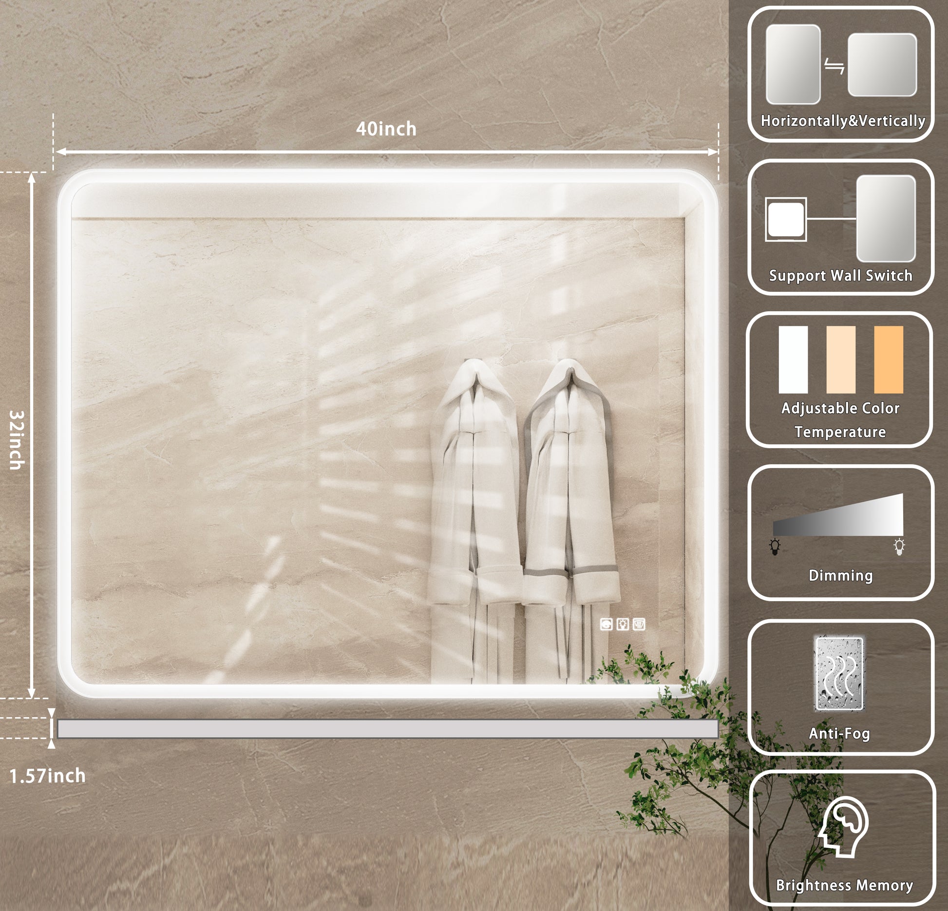inch rectangular LED bathroom mirror with builtin adjustable lighting