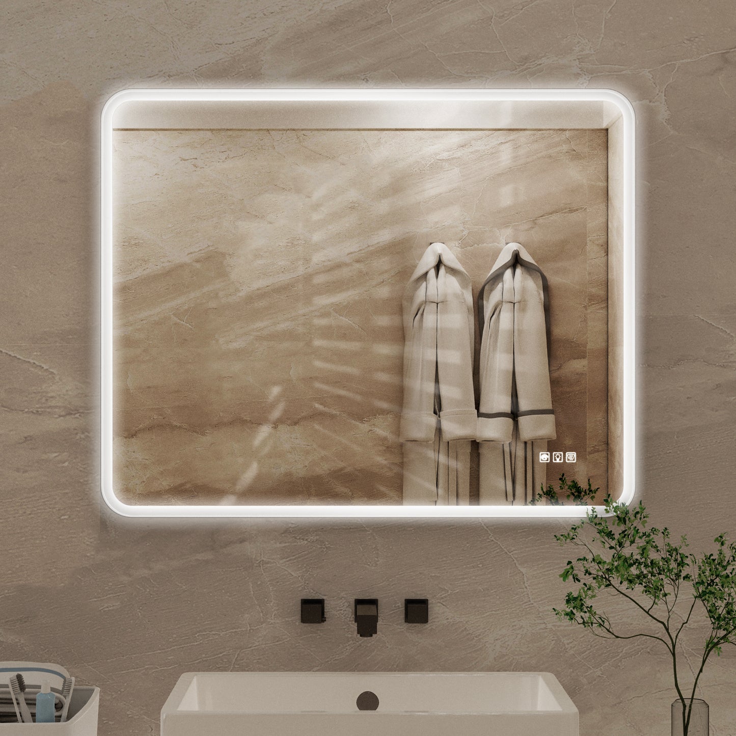 Modern rectangular LED bathroom mirror with integrated touch controls and defogger function