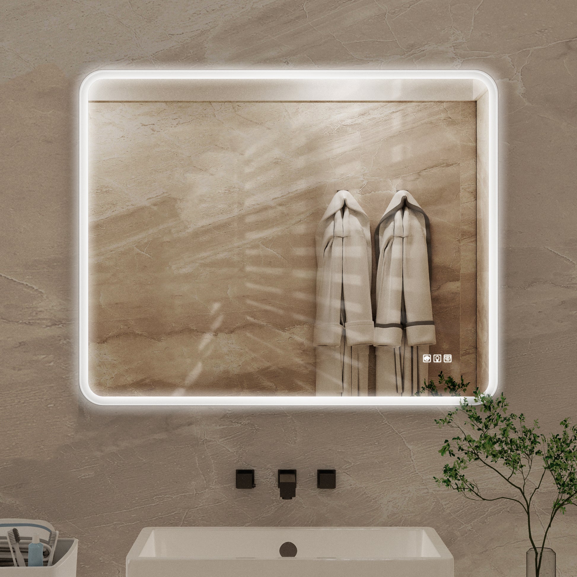 Modern rectangular LED bathroom mirror with integrated touch controls and defogger function