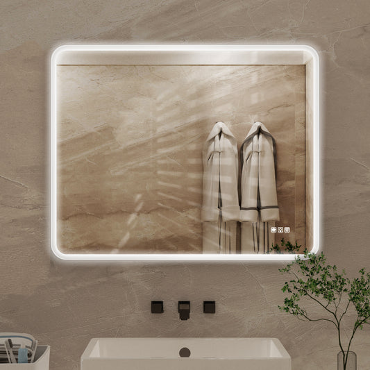 Modern rectangular LED bathroom mirror with integrated touch controls and defogger function