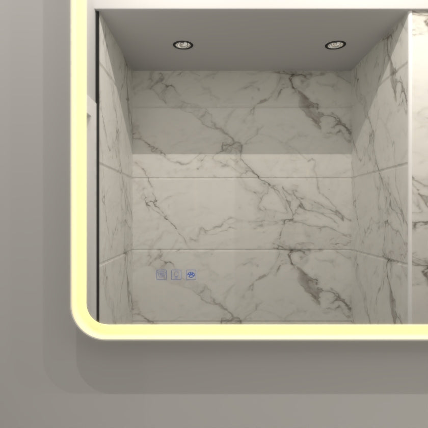 Modern illuminated bathroom mirror with integrated defogger and LED lighting