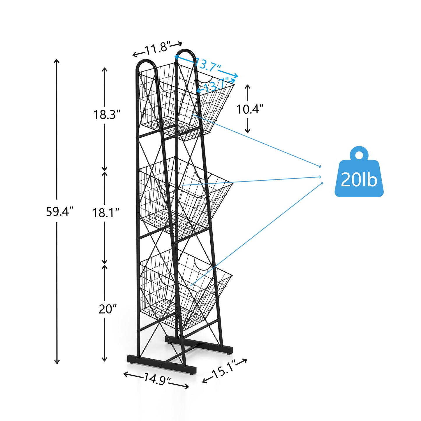 Black metal tier cascading storage organizer with wire baskets