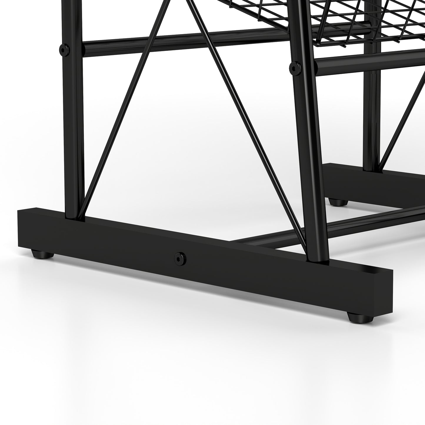 Black metal shelf frame detail with black hex bolt