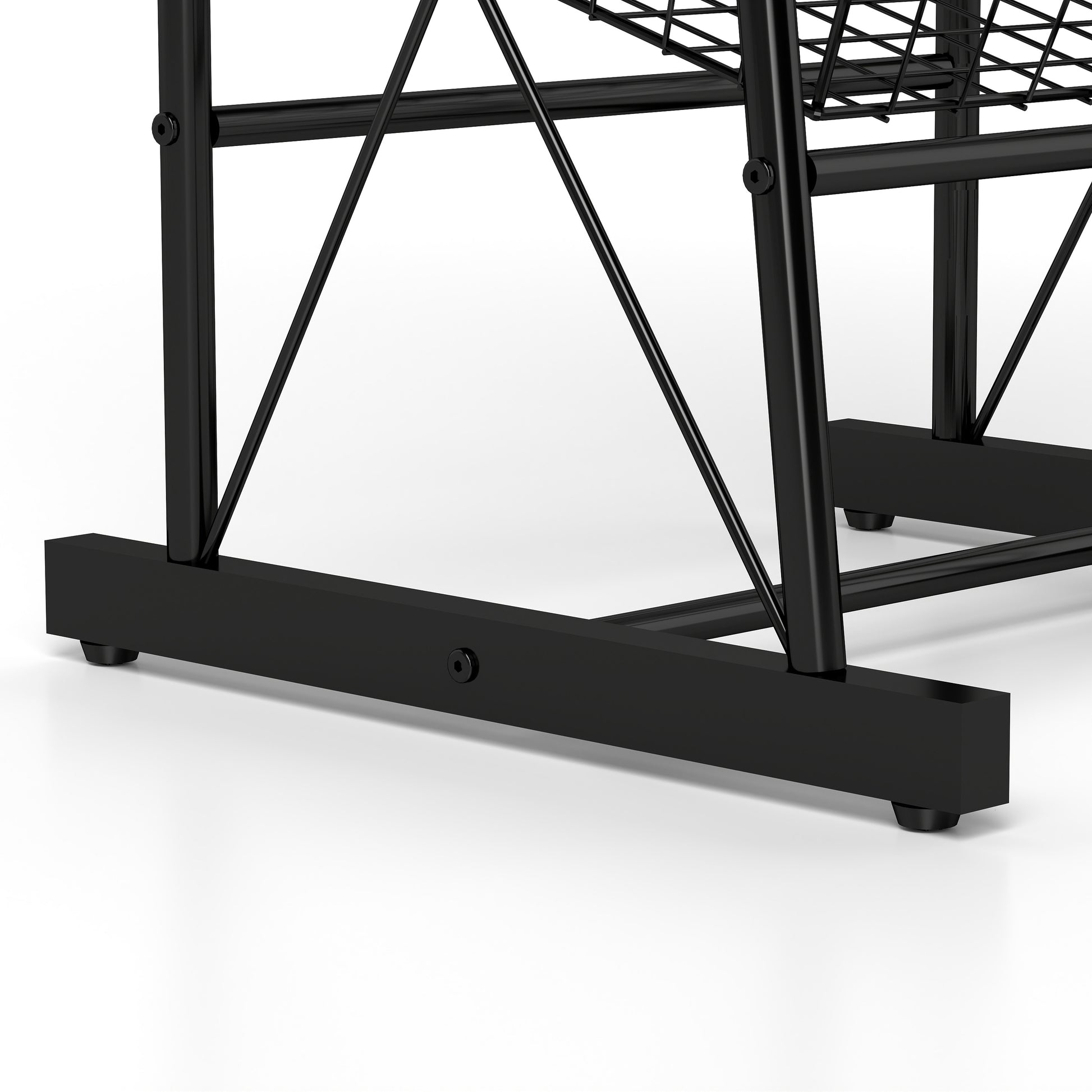 Black metal shelf frame detail with black hex bolt