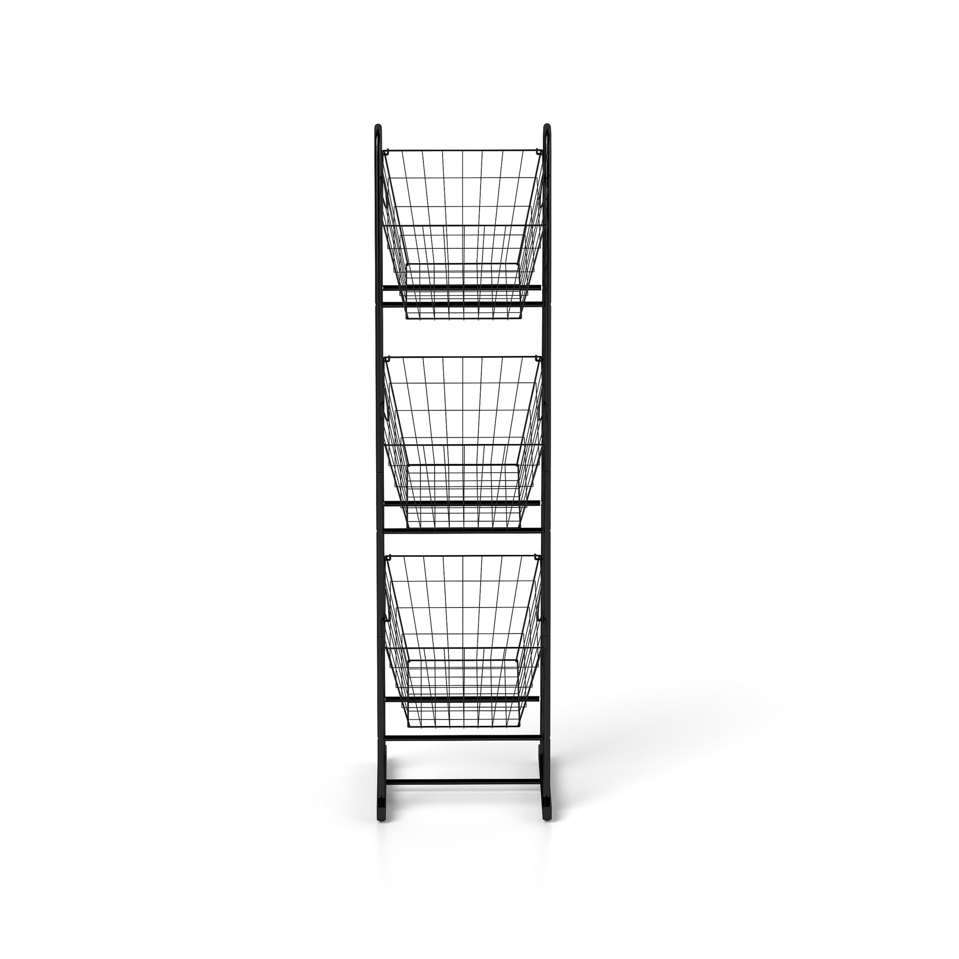 Black wire tier shelving unit with open baskets for pantry storage