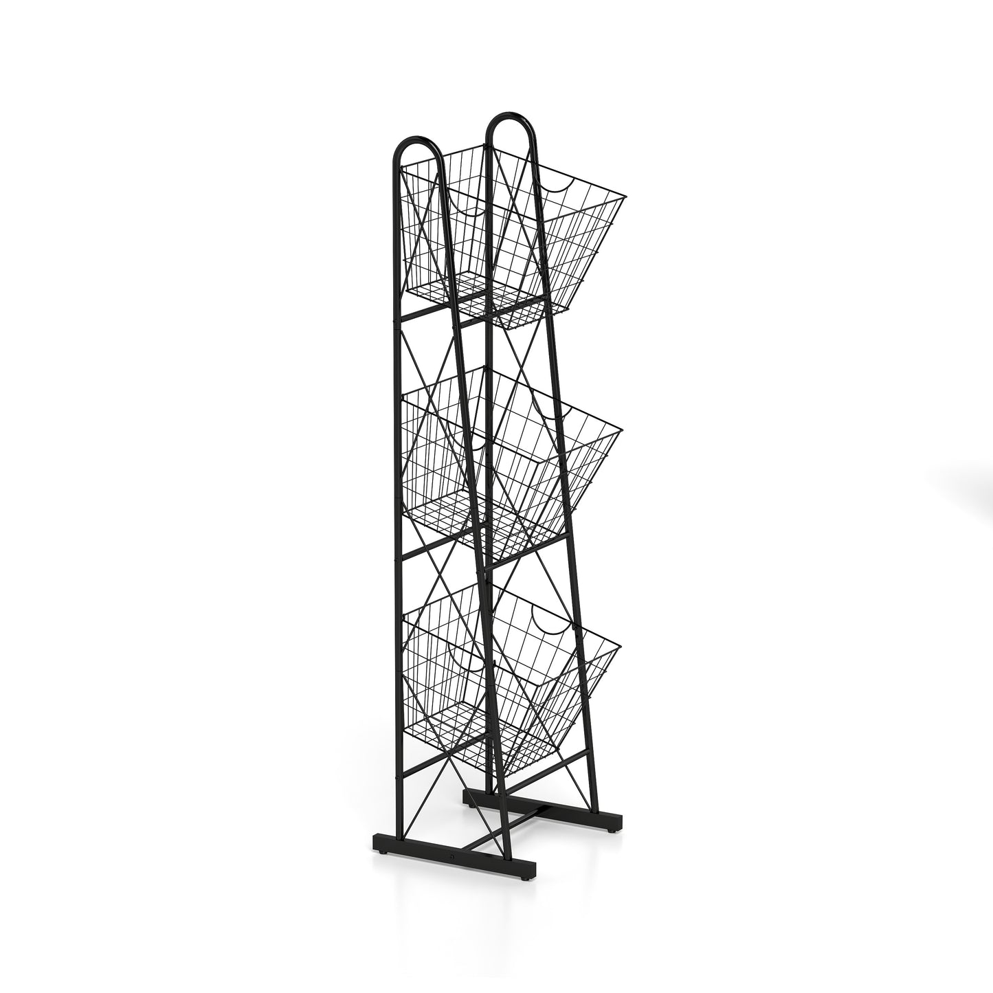 Black metal wire tiered display stand with three angled baskets for retail display