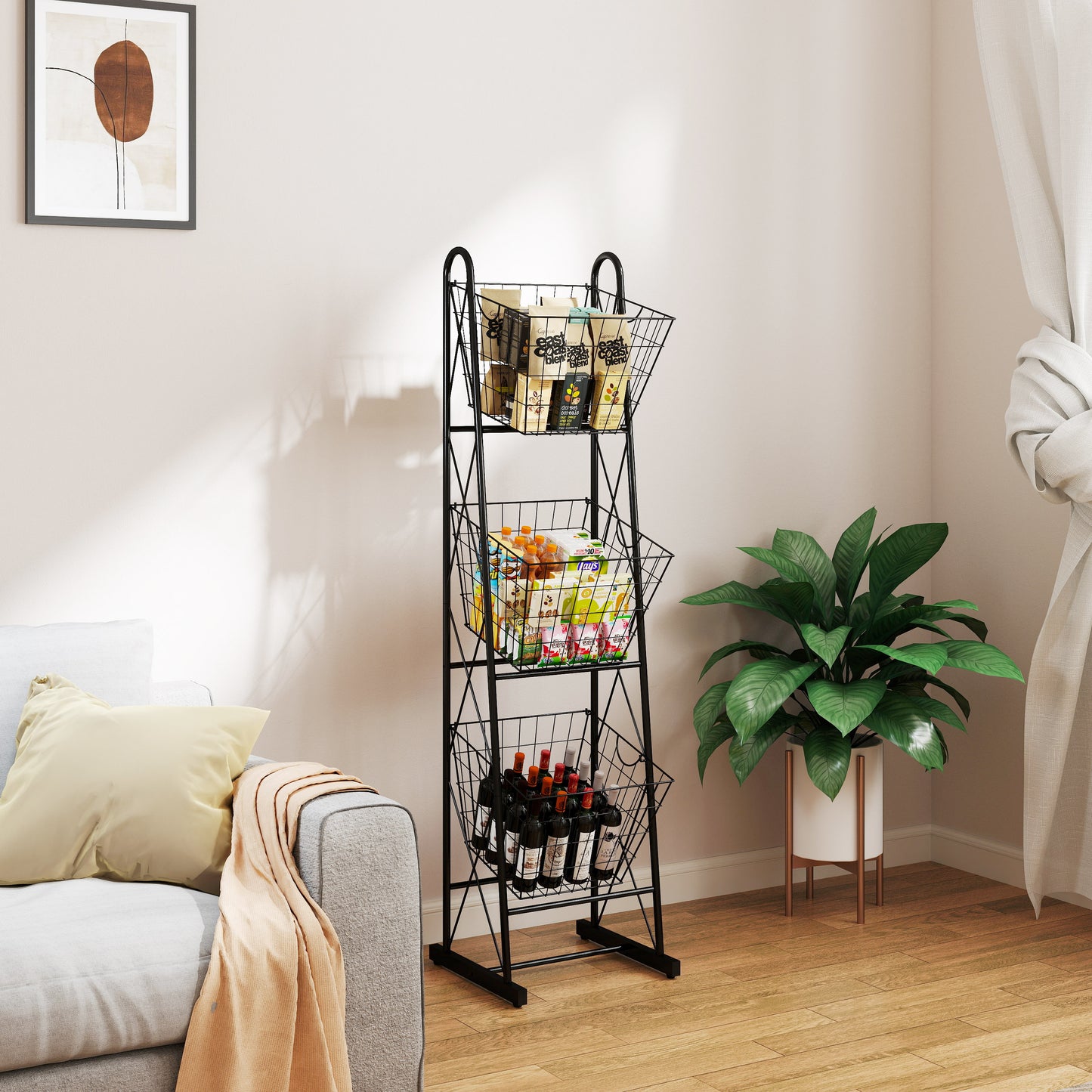 Black metal tiered storage rack with groceries and wine
