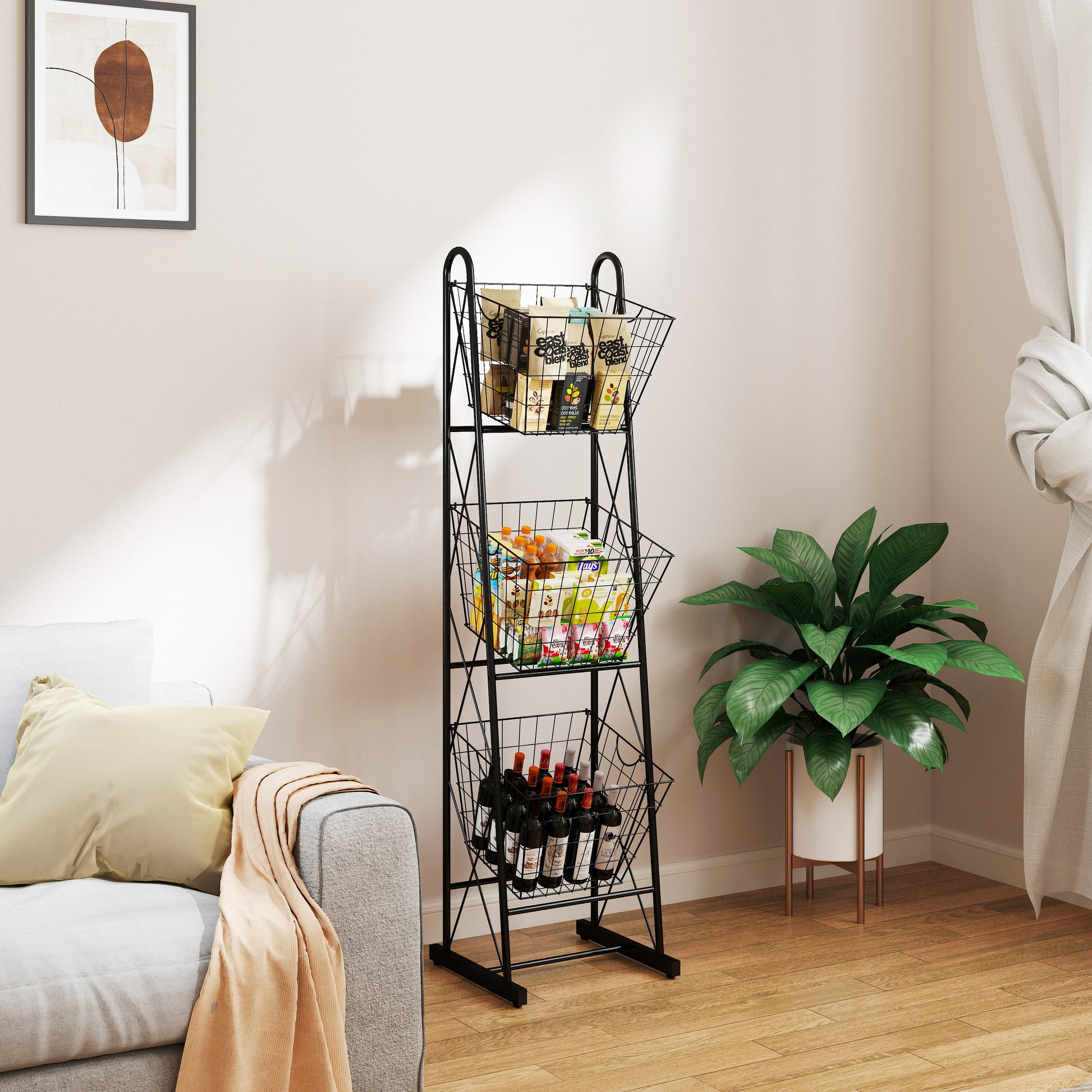 Black metal tiered storage rack with groceries and wine