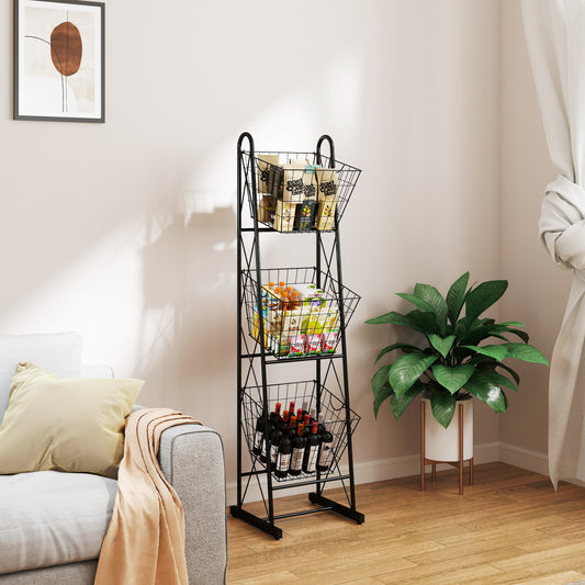 Black metal tiered storage rack with groceries and wine